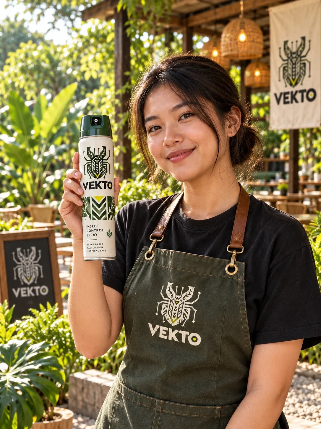 Woman holding a VEKTO spray can in a garden setting