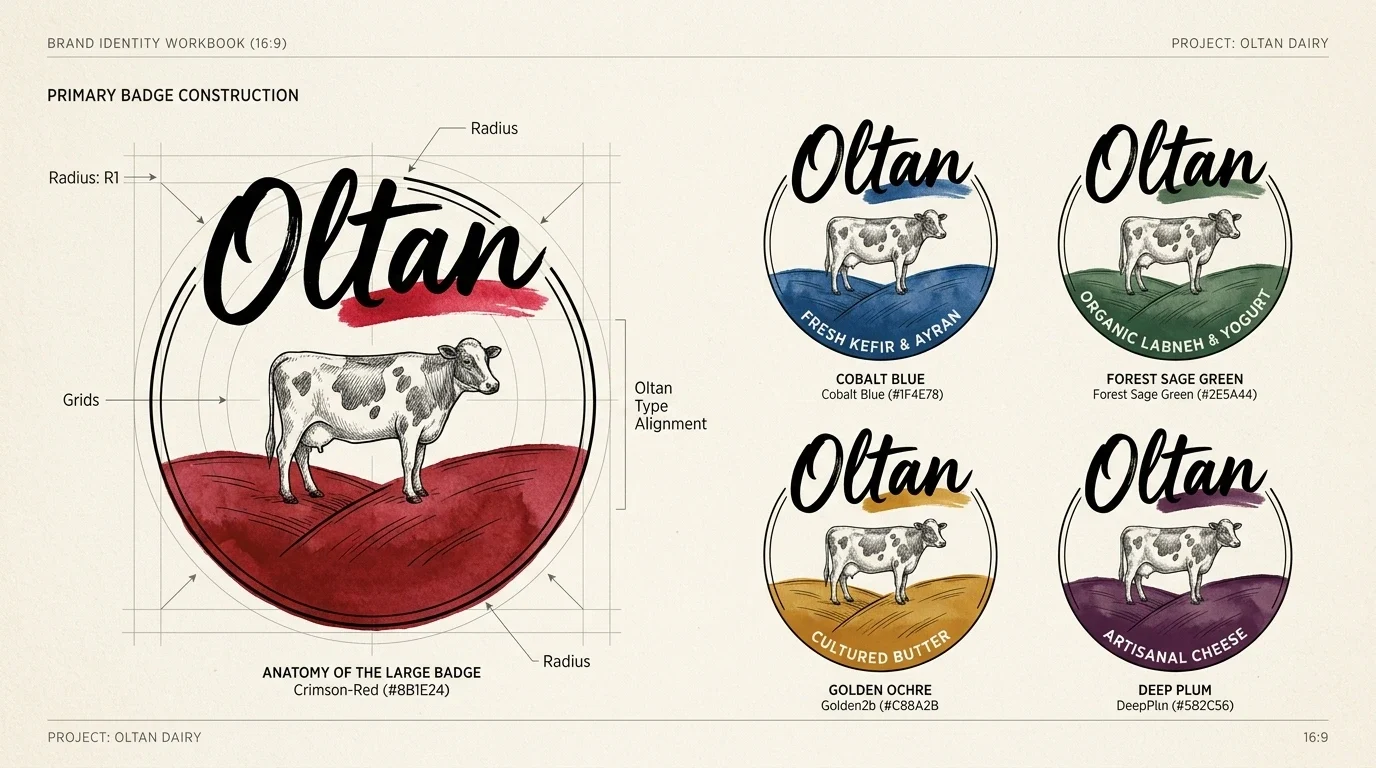 Construction drawing of the Oltan cow badge with four category color variants