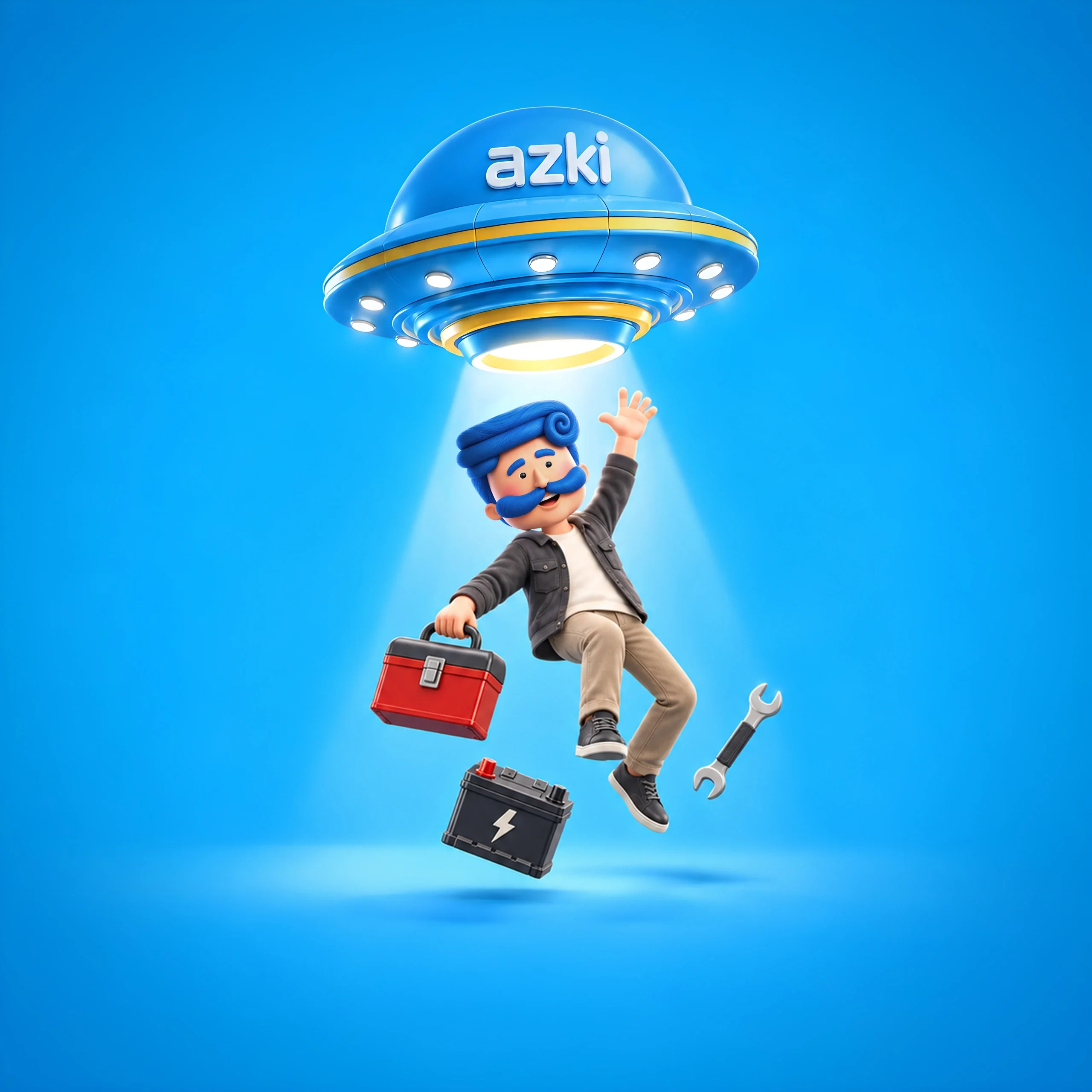 Azki recruitment artwork with a branded blue flying saucer lifting the mascot, toolbox, battery and wrench.