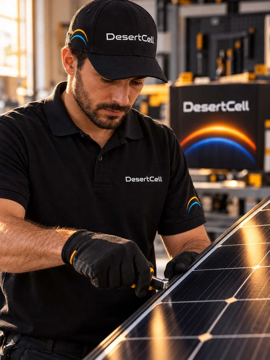 Black DesertCell polo and cap with white embroidered logo.