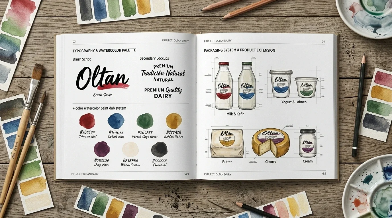 Oltan brand book spread on typography, watercolor palette and packaging system
