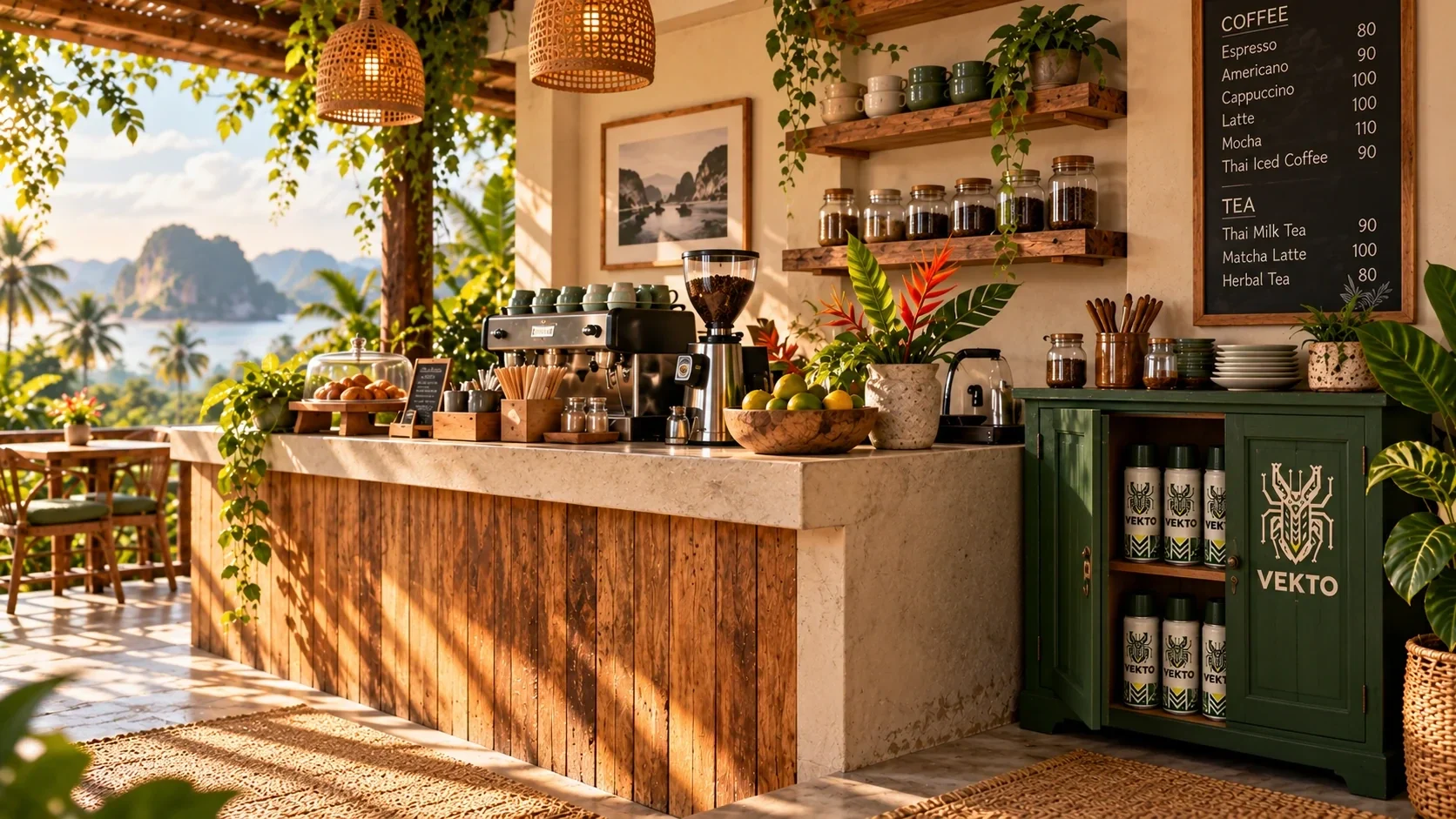 Wide café scene showing VEKTO brand applications