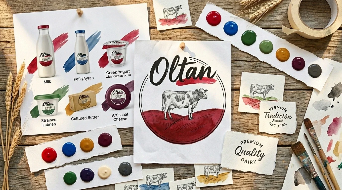 Oltan dairy identity moodboard with cow badge, watercolor swatches and product mockups