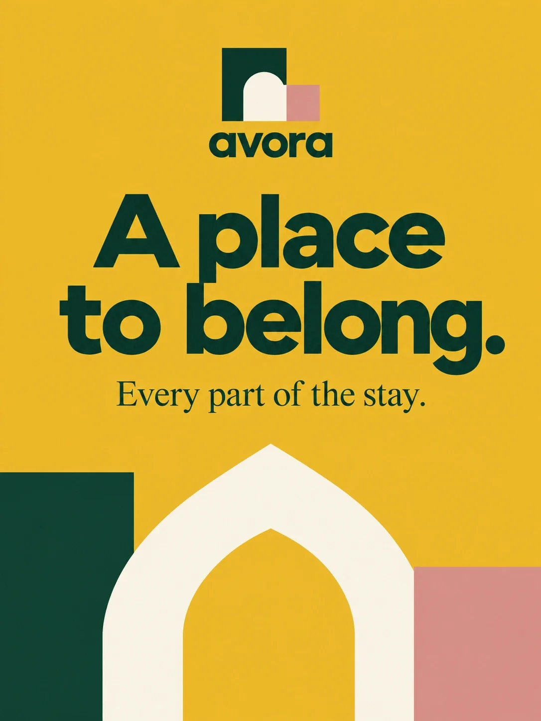 Mustard Avora poster with arch motif and belonging message.