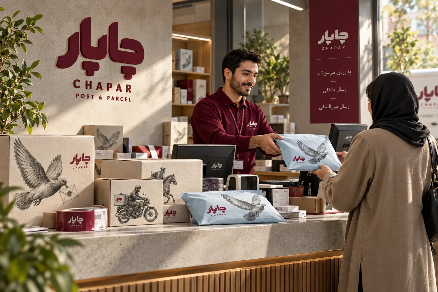 Concept scene showing a parcel handover at a Chapar counter.