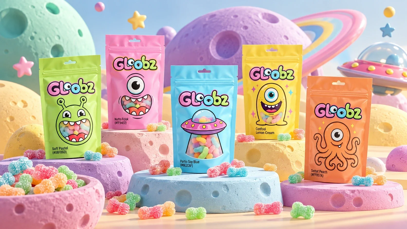 Gloobz pouches in a colorful imagined space setting