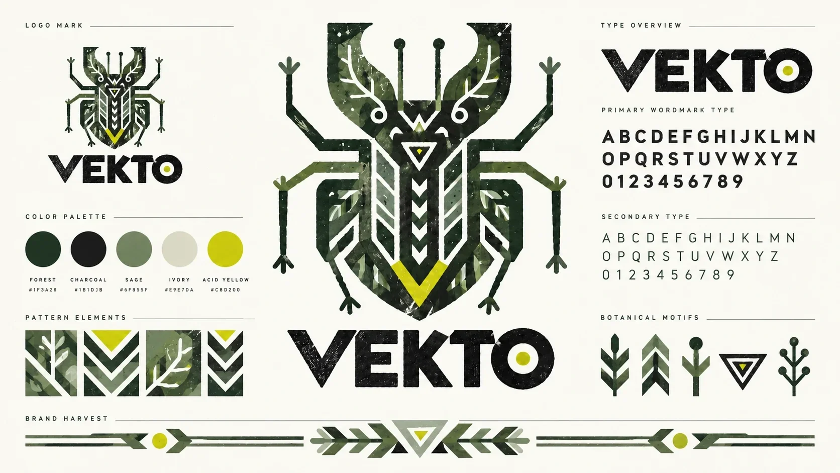 VEKTO identity board with logo, color, type and pattern