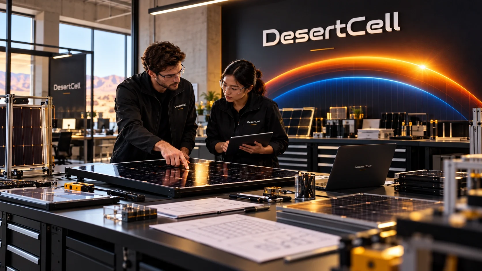 Engineers reviewing a solar panel in a DesertCell-branded workspace.