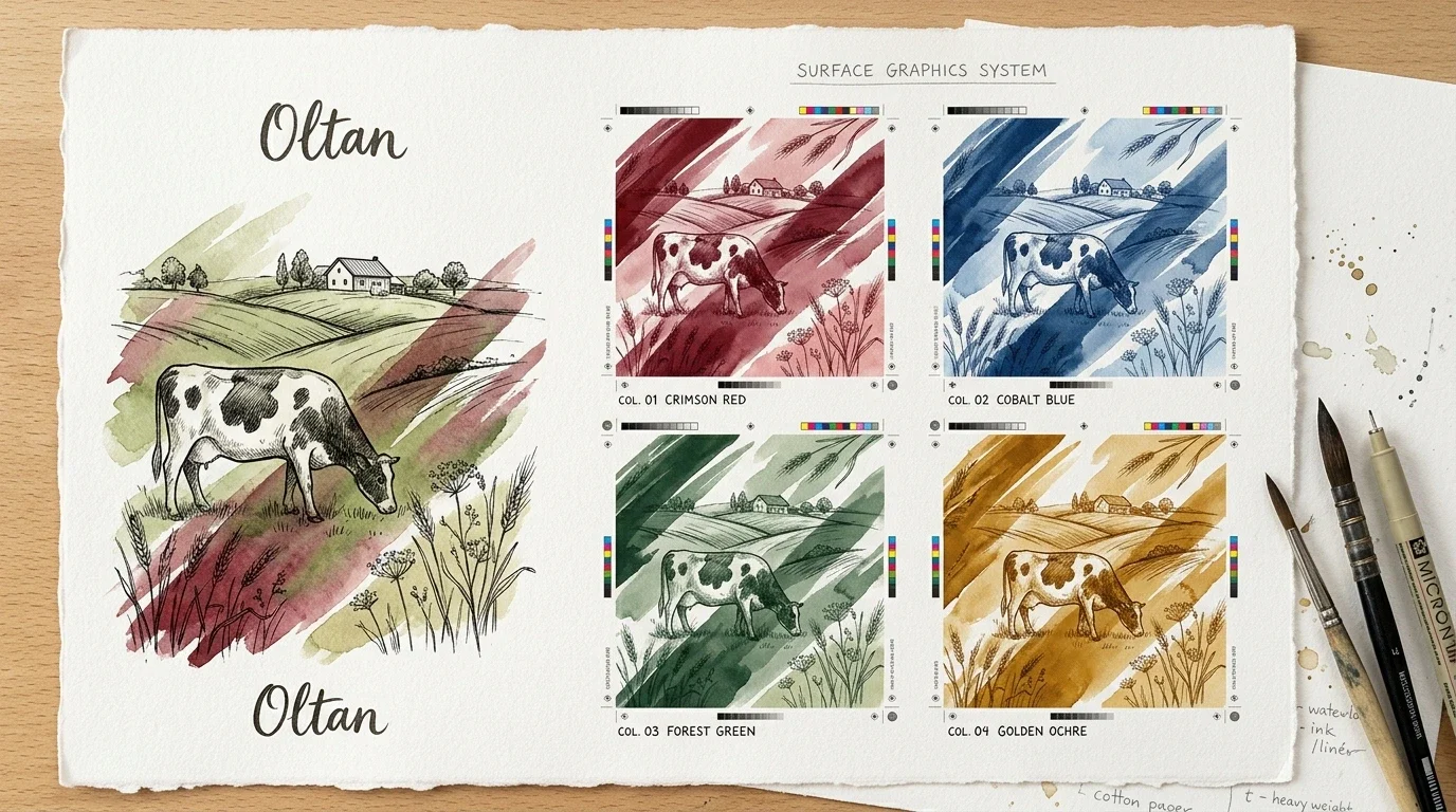 Pastoral cow and landscape illustration with four colored surface graphic studies