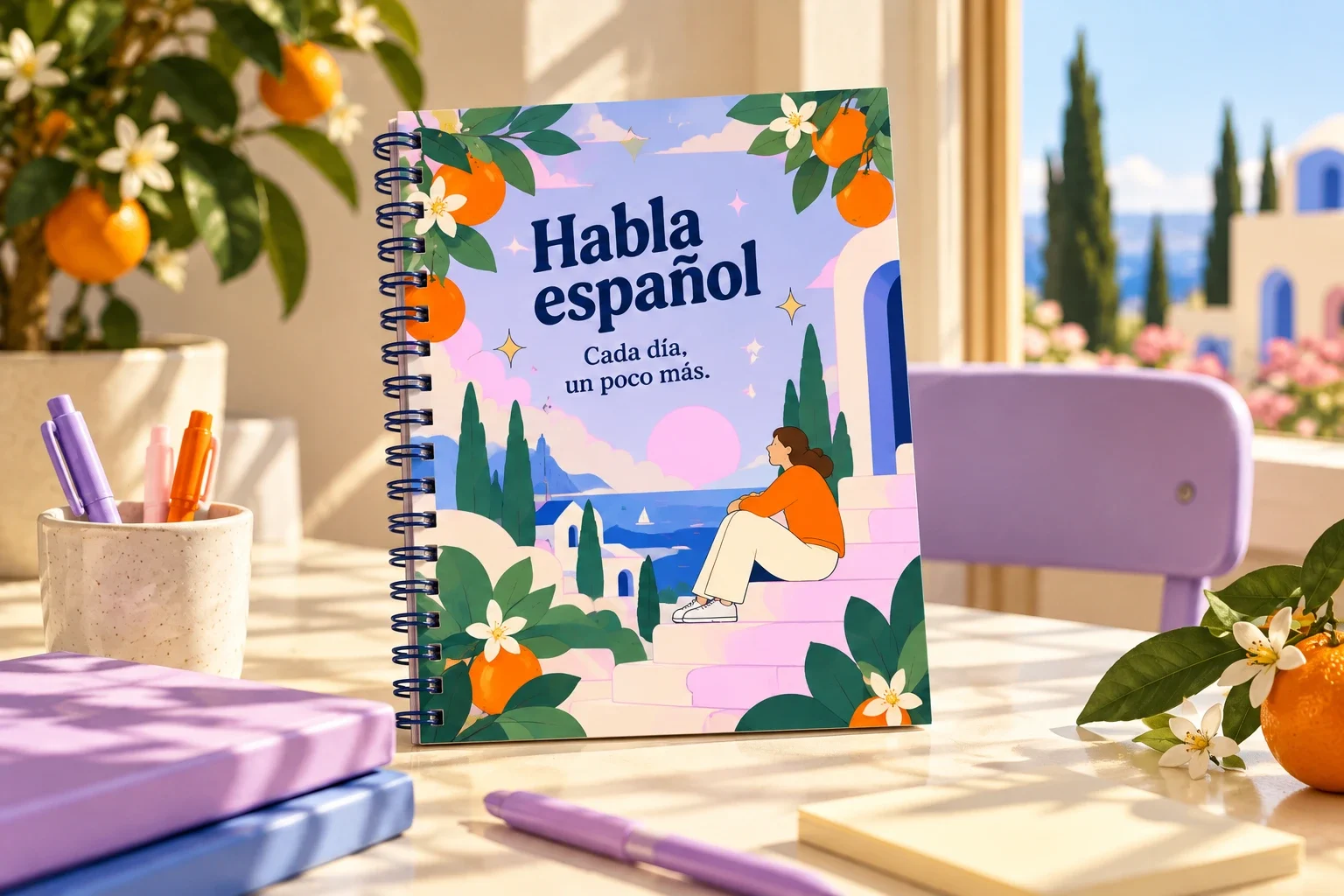 Mockup of a spiral notebook reading Habla español against a sunlit classroom setting.