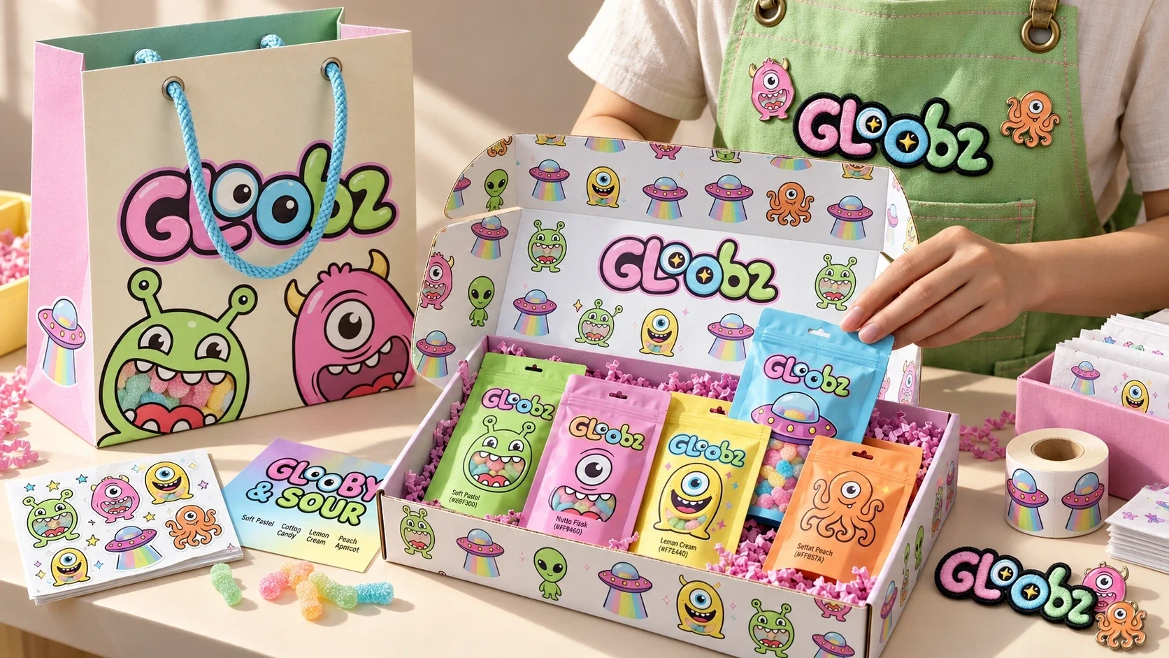Gloobz pouches, multipack and shopping bag on a retail counter