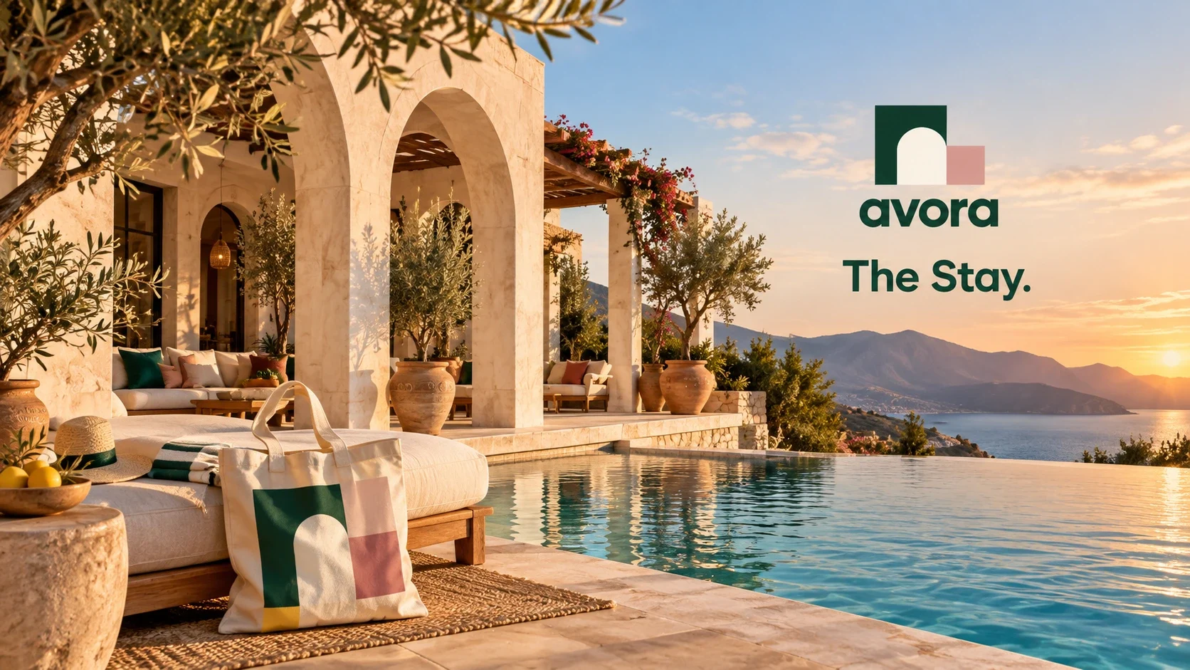 Avora brand applied to a poolside eco-stay scene with stone arches, a patterned bag and mountain views.
