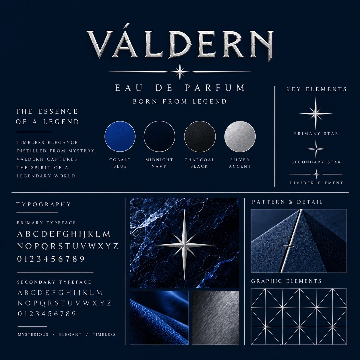 Identity overview with blue, navy, charcoal and silver, type and star motifs.