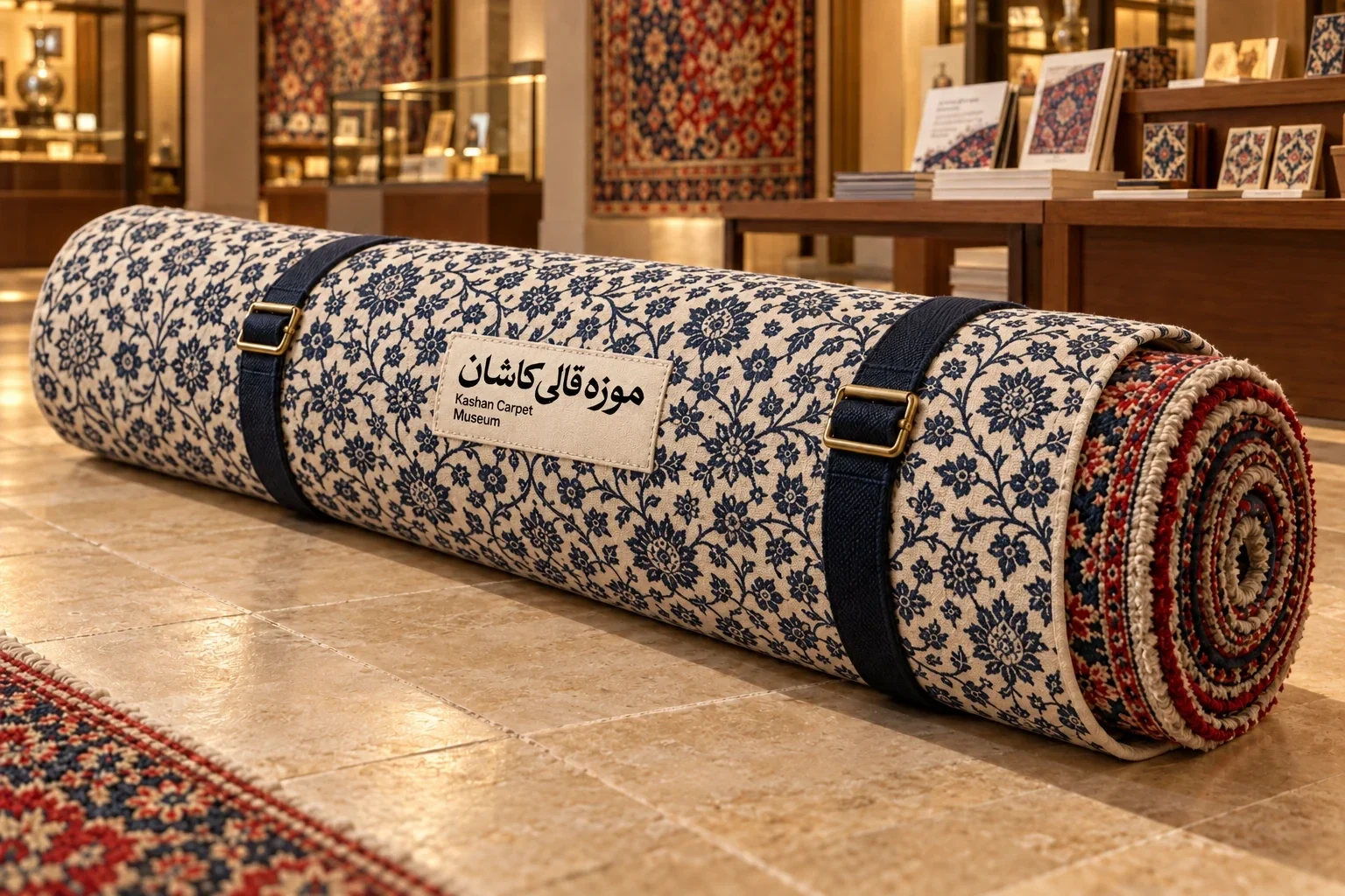 Rolled carpet secured with navy patterned sleeves
