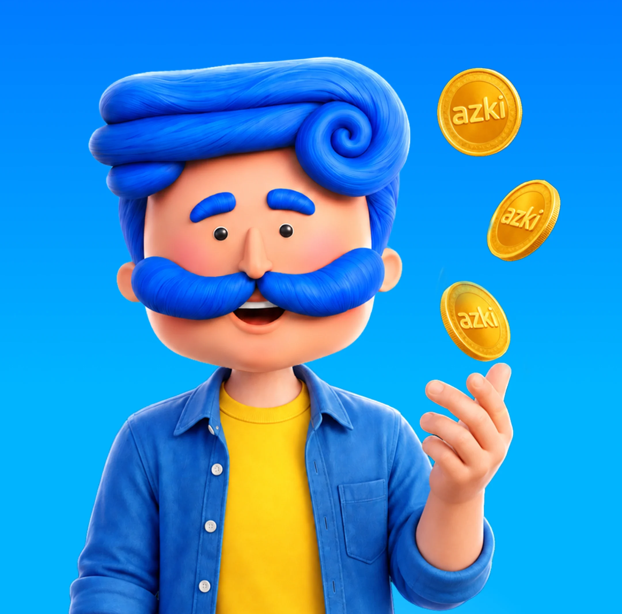Azki mascot in a blue overshirt and yellow T-shirt tossing three gold Azki coins.