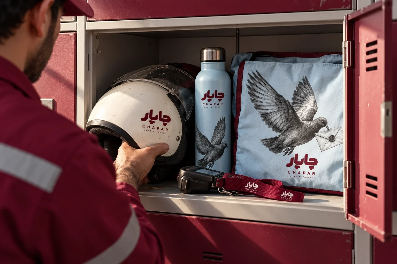 Staff-equipment concept with a helmet, bottle, scanner, lanyard and delivery bag.