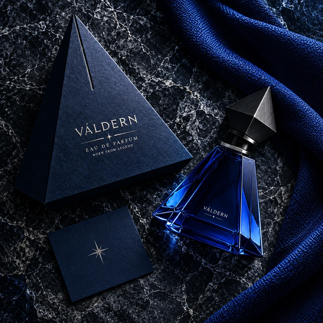 Overhead arrangement of VÁLDERN perfume bottle and angular packaging.