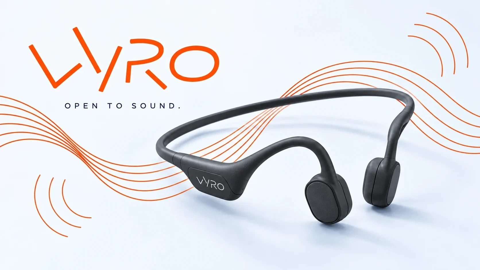 Black Vyro open-ear headset with flowing orange lines