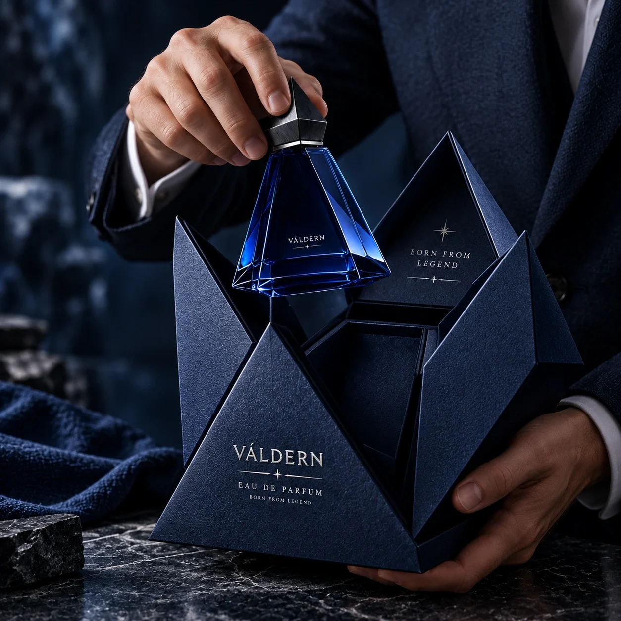 A person holding the VÁLDERN bottle within the brand image world.