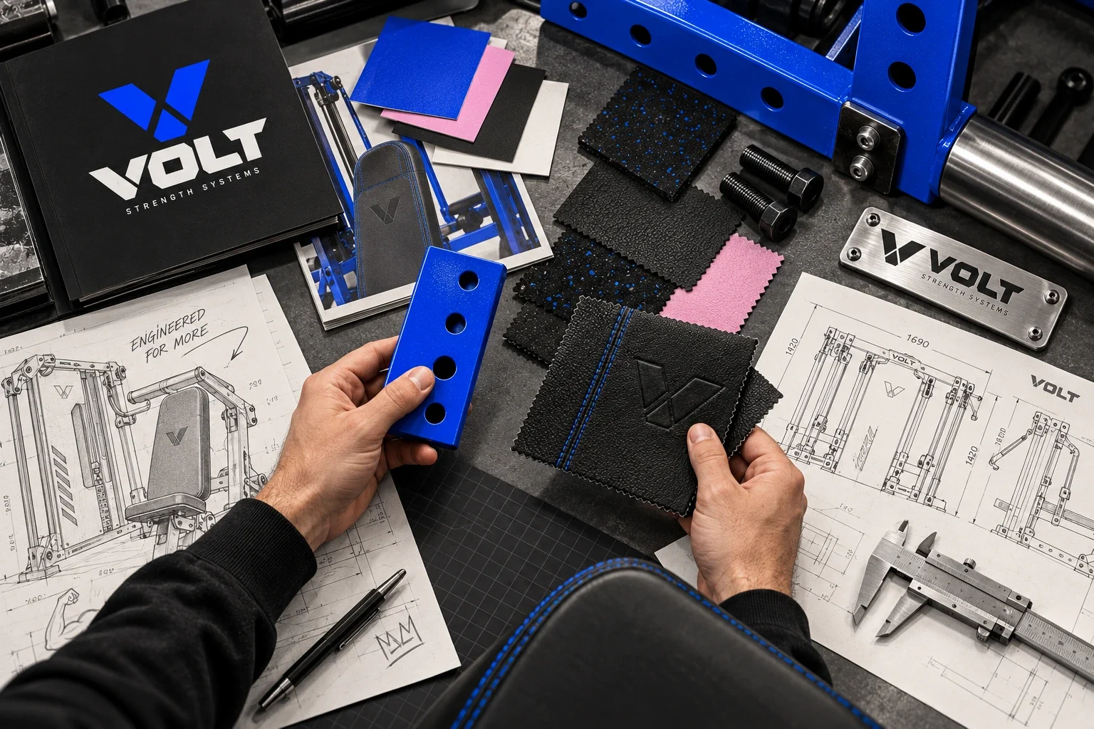 Volt identity materials and technical drawings on a desk