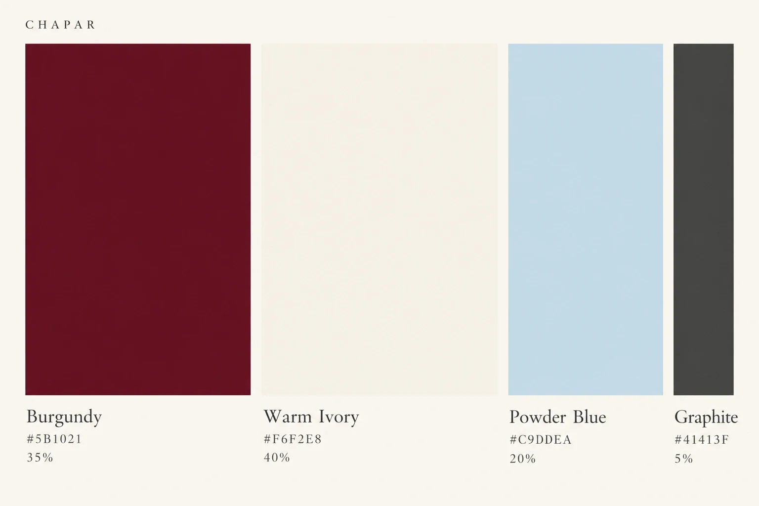 Burgundy, ivory, powder blue and graphite brand palette.