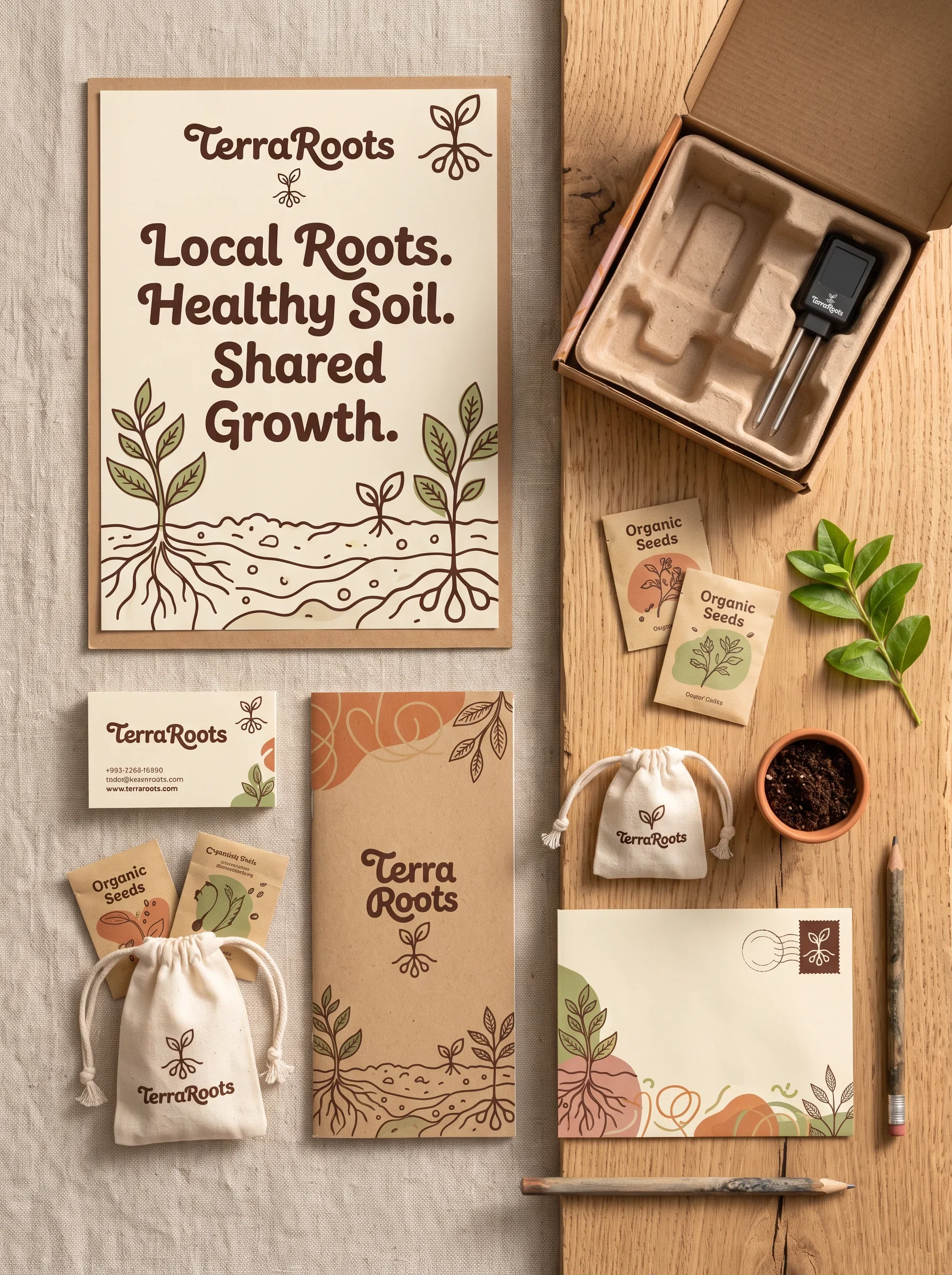 TerraRoots local-growth values poster, printed cards and sensor packaging