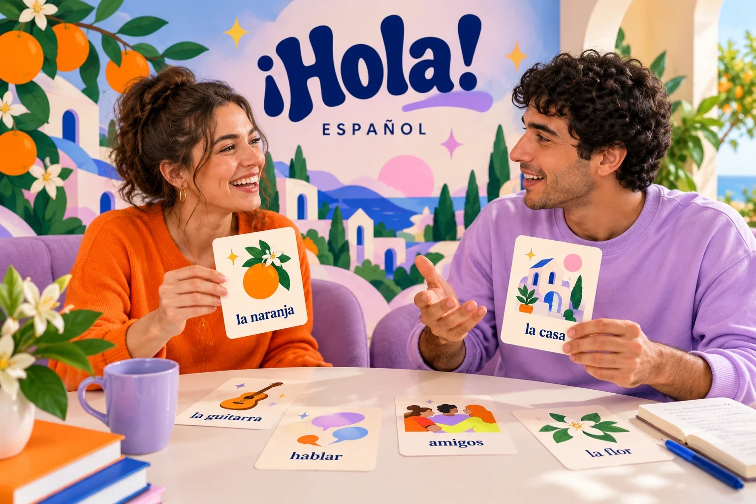 Mockup of two learners using illustrated Spanish word cards across a table.