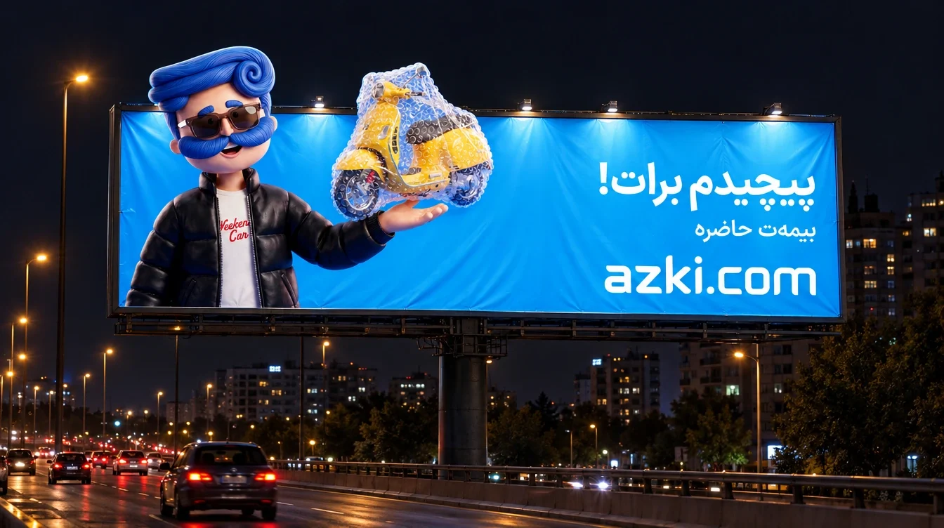 Night-time Azki billboard mockup showing the mascot holding a bubble-wrapped yellow scooter beside Persian copy and azki.com.