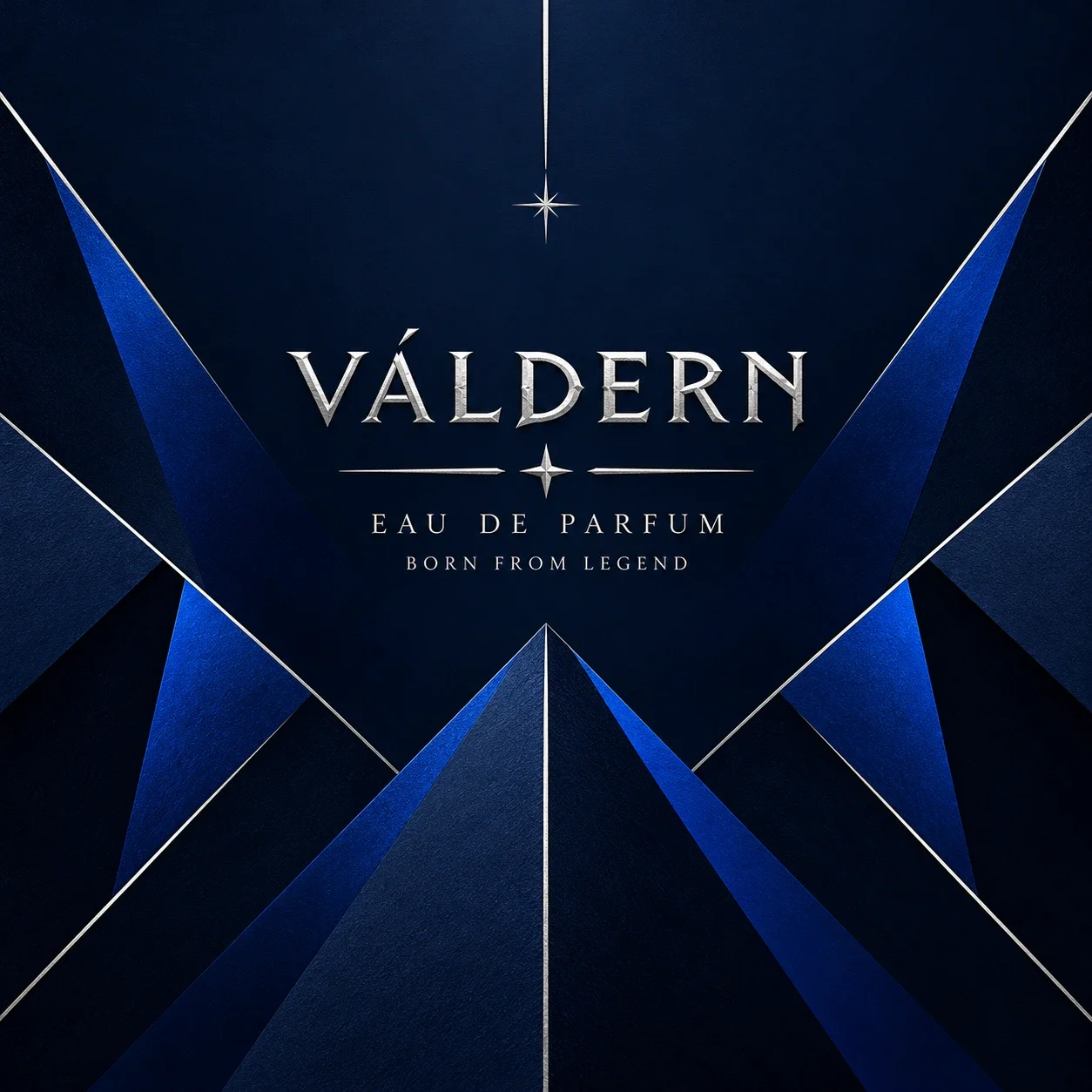 VÁLDERN graphic language with converging blue facets and a central star.