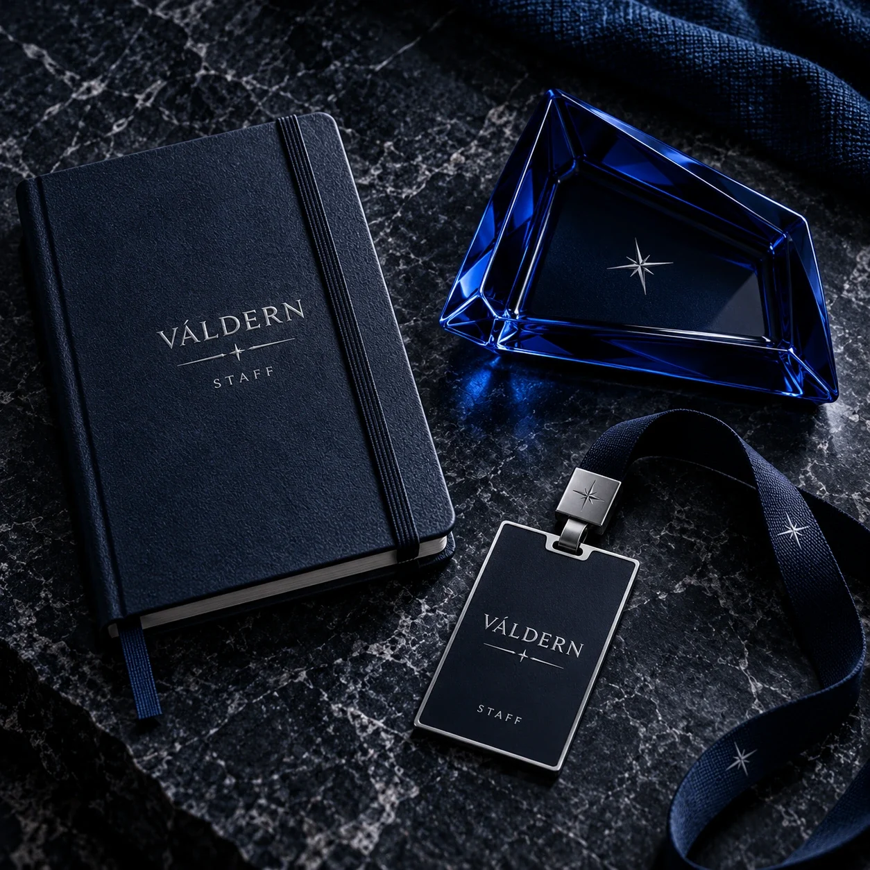 VÁLDERN branded staff accessories presented in dark blue and silver.