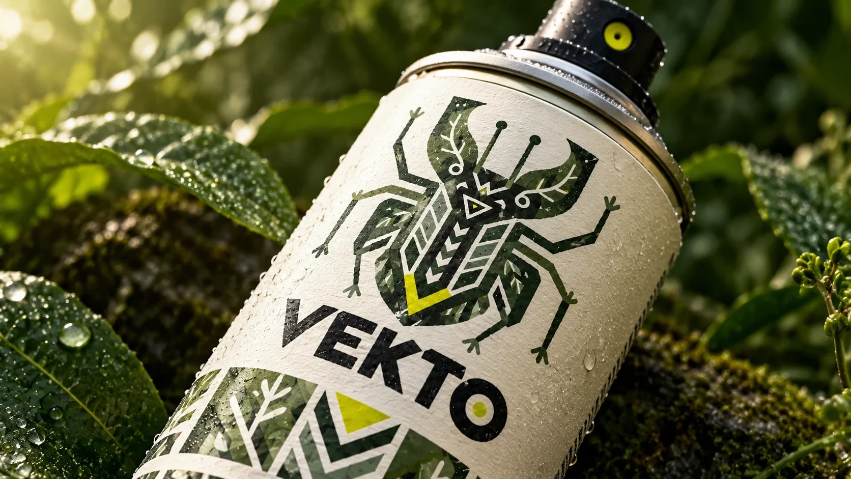 Macro view of VEKTO spray can among wet leaves