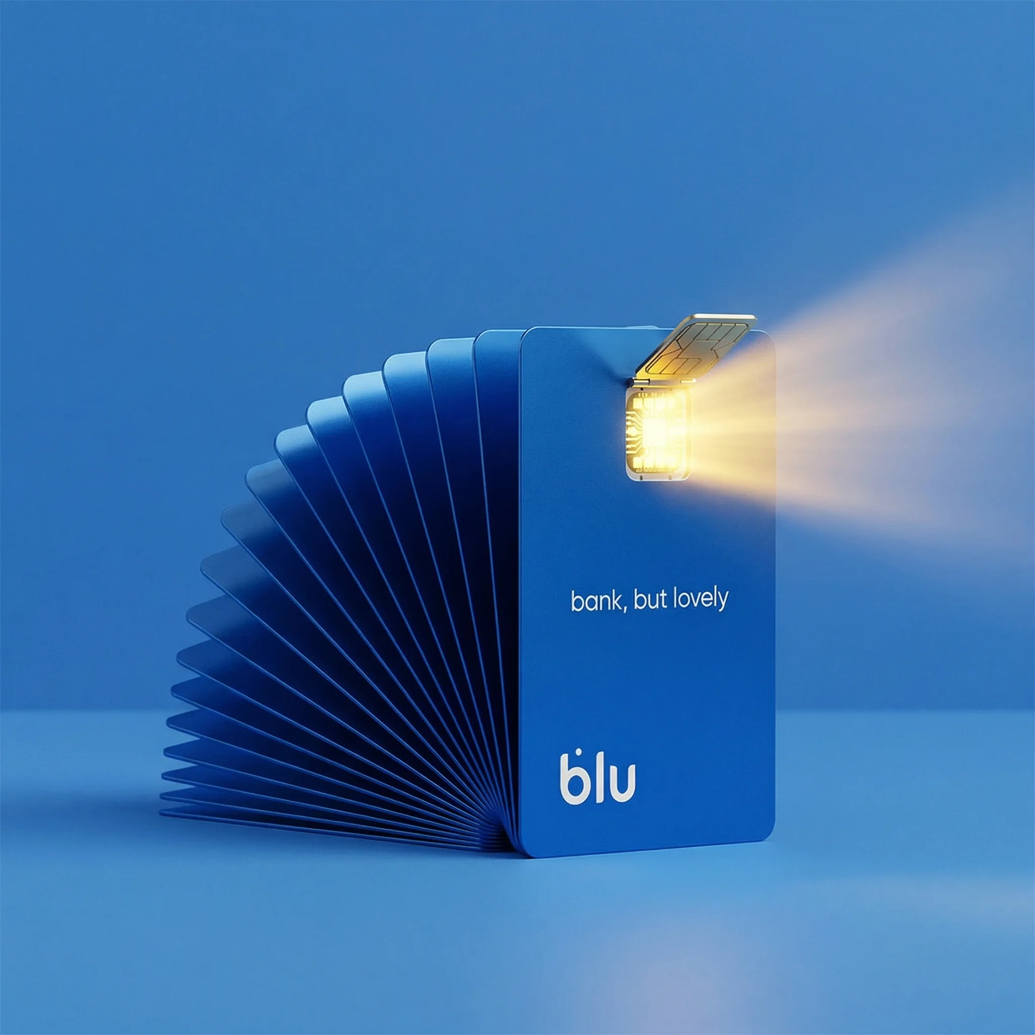 Blue bank cards fanned behind one card with a glowing open chip.