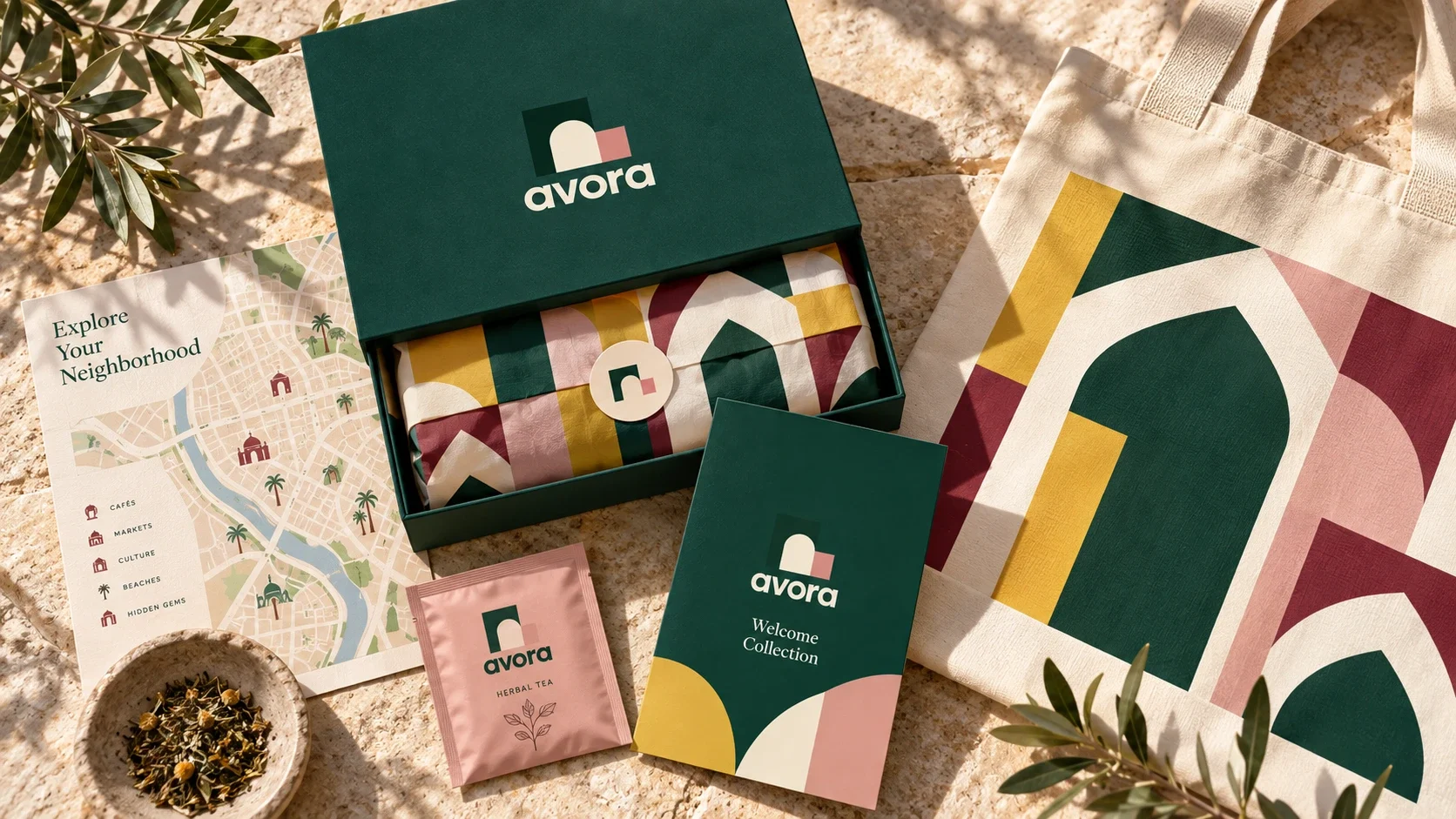Avora guest collateral with patterned stationery and cards.