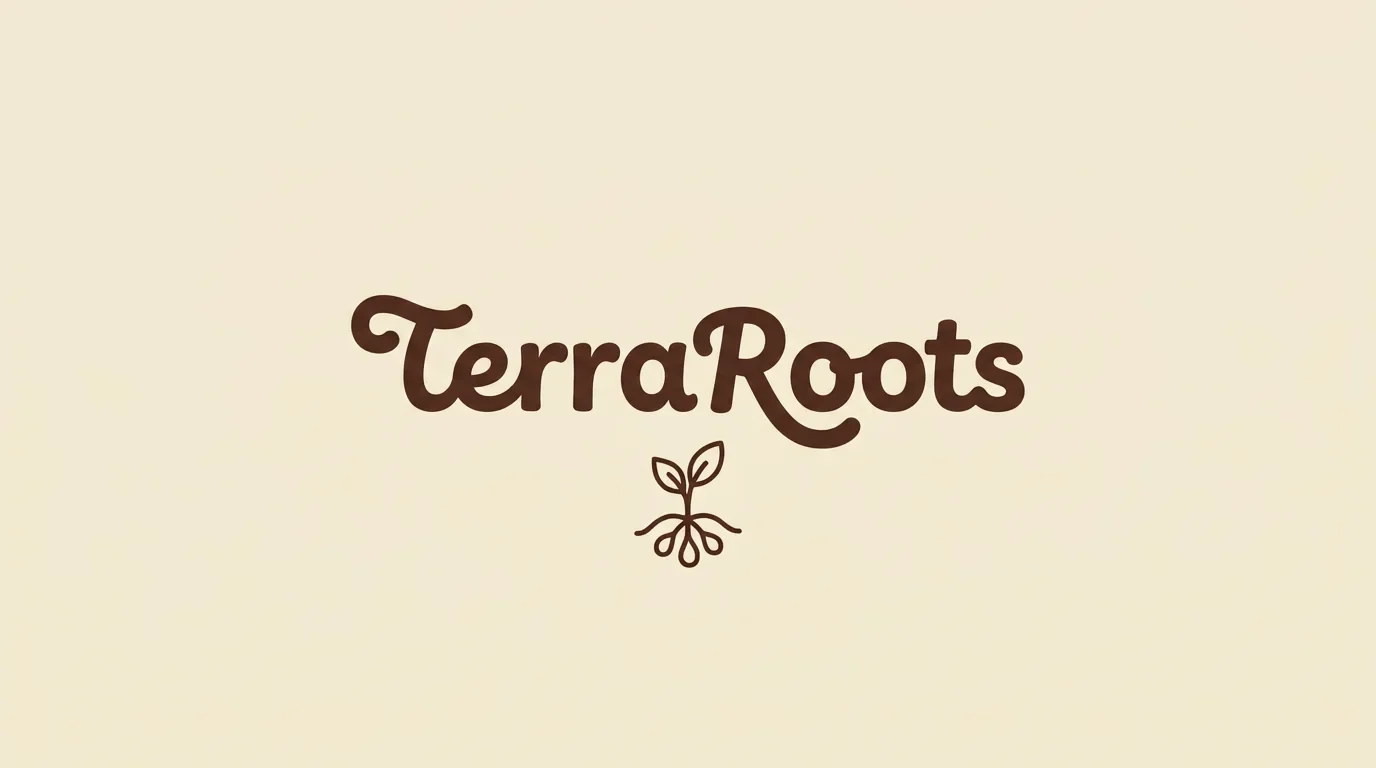 Brown TerraRoots wordmark and root symbol on cream