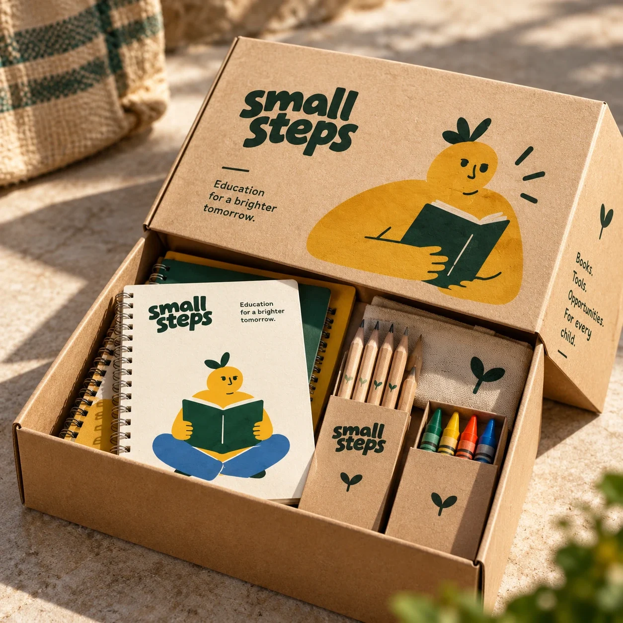 Kraft Small Steps education kit box with the yellow sprout-headed reading character and school supplies visible inside.