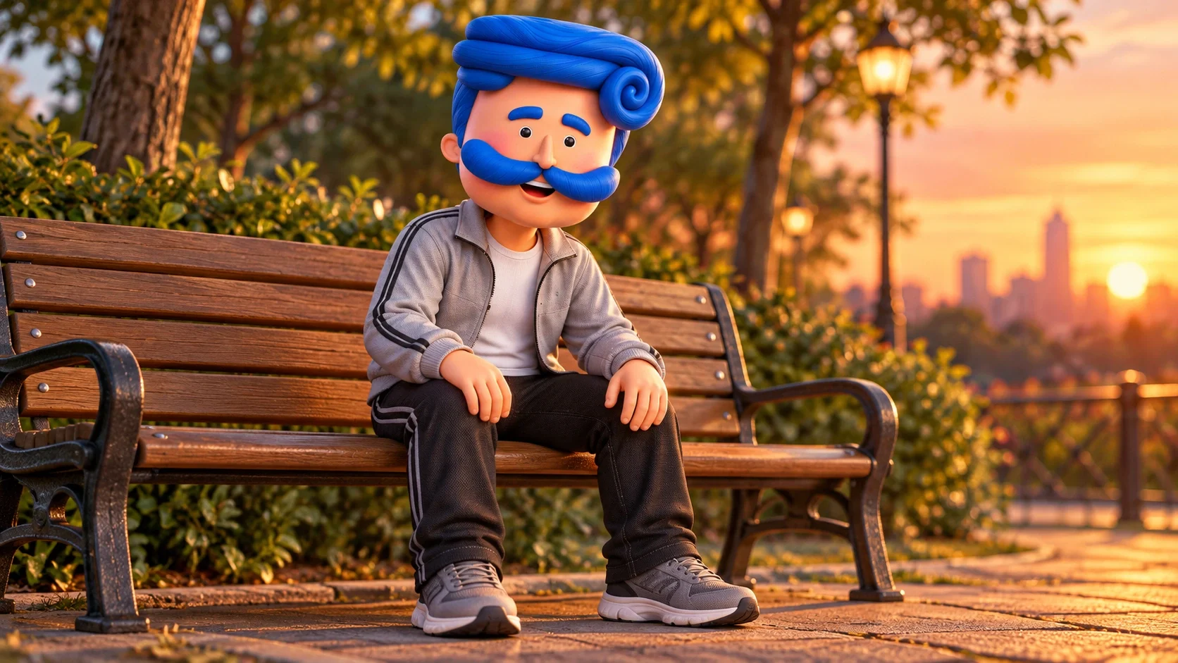 Azki mascot in a grey tracksuit sitting on a park bench at sunset.