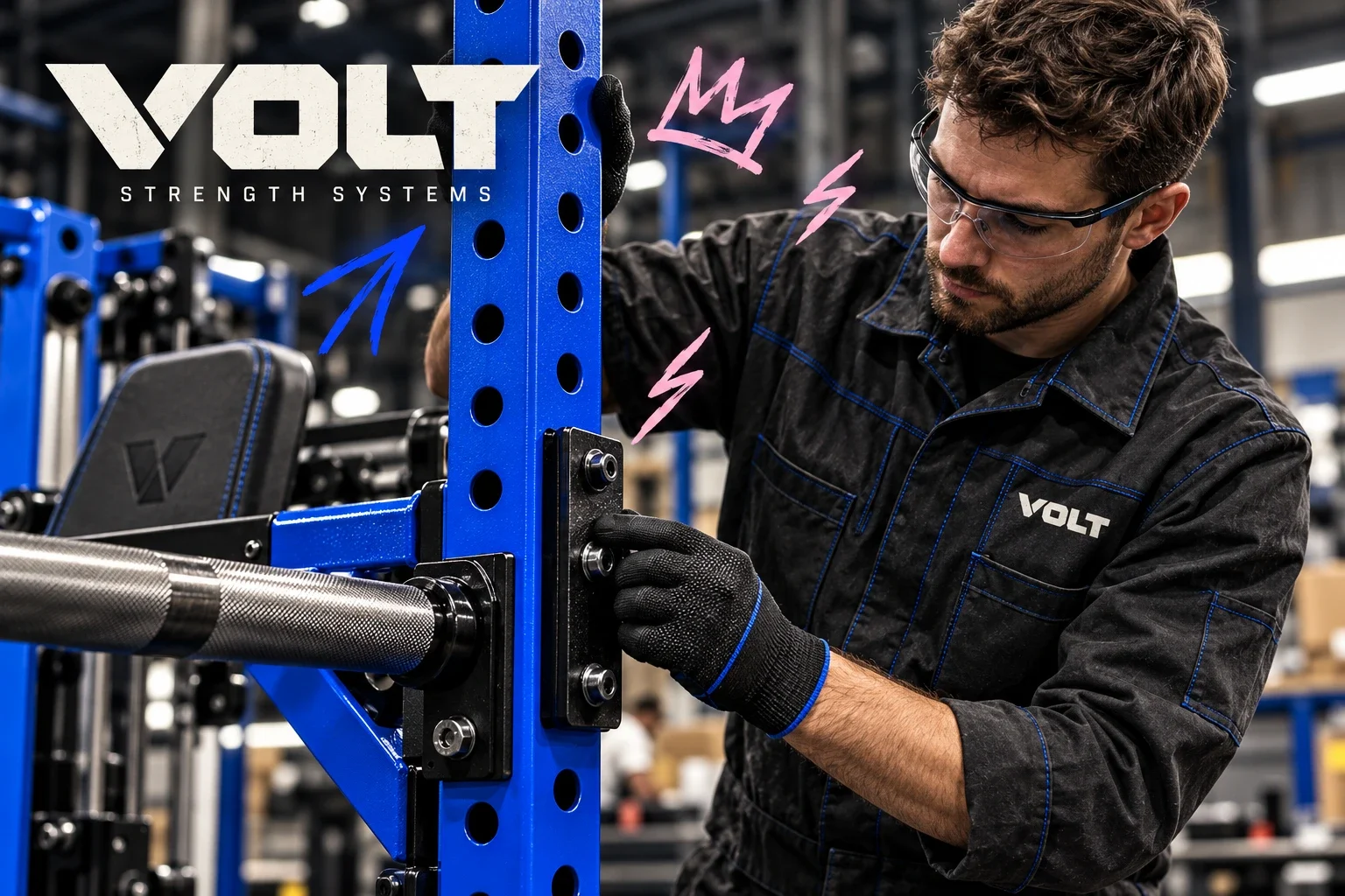 Technician working on a blue equipment frame