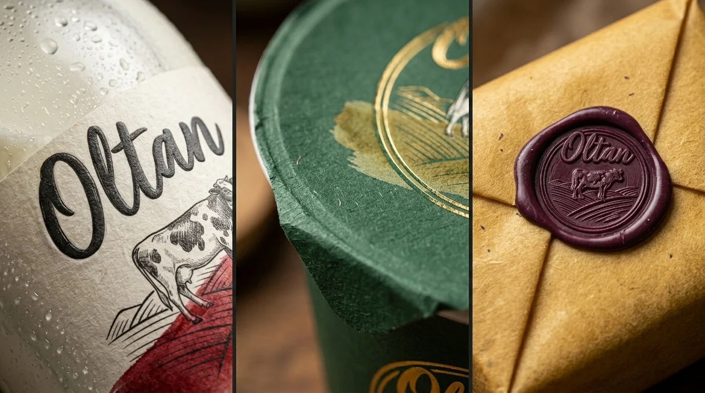 Close views of Oltan bottle label, green pack detail and plum wax-seal mockup