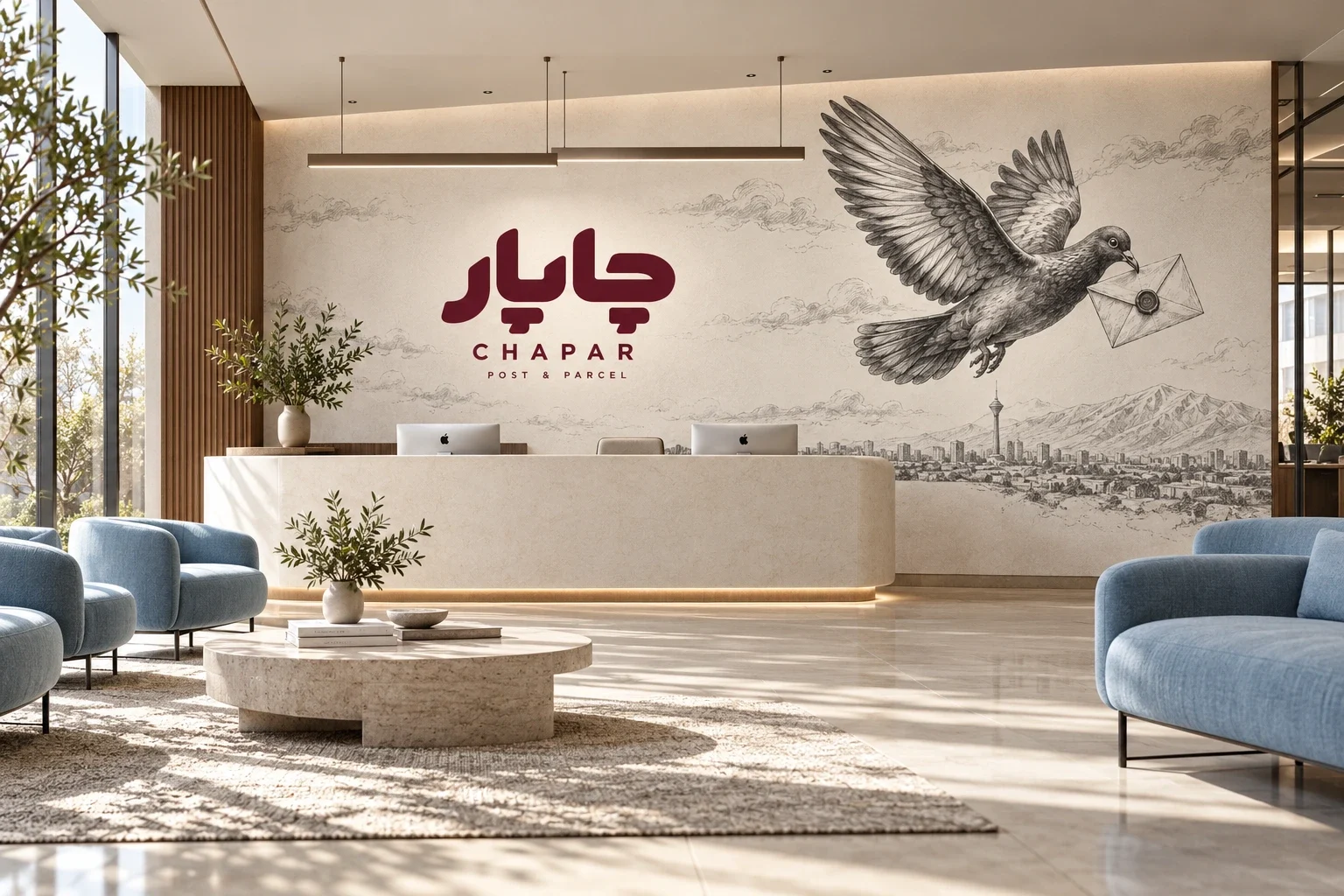 Reception concept with a graphite pigeon mural, burgundy logo and blue seating.