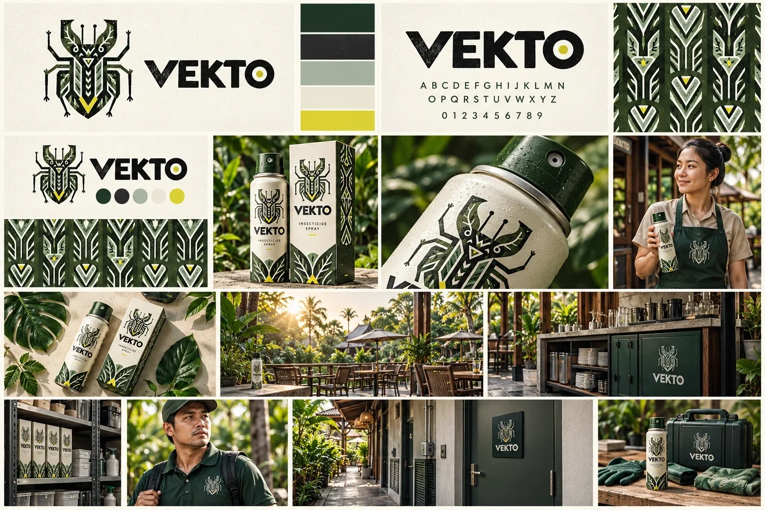 Collage of VEKTO identity, packaging and environment