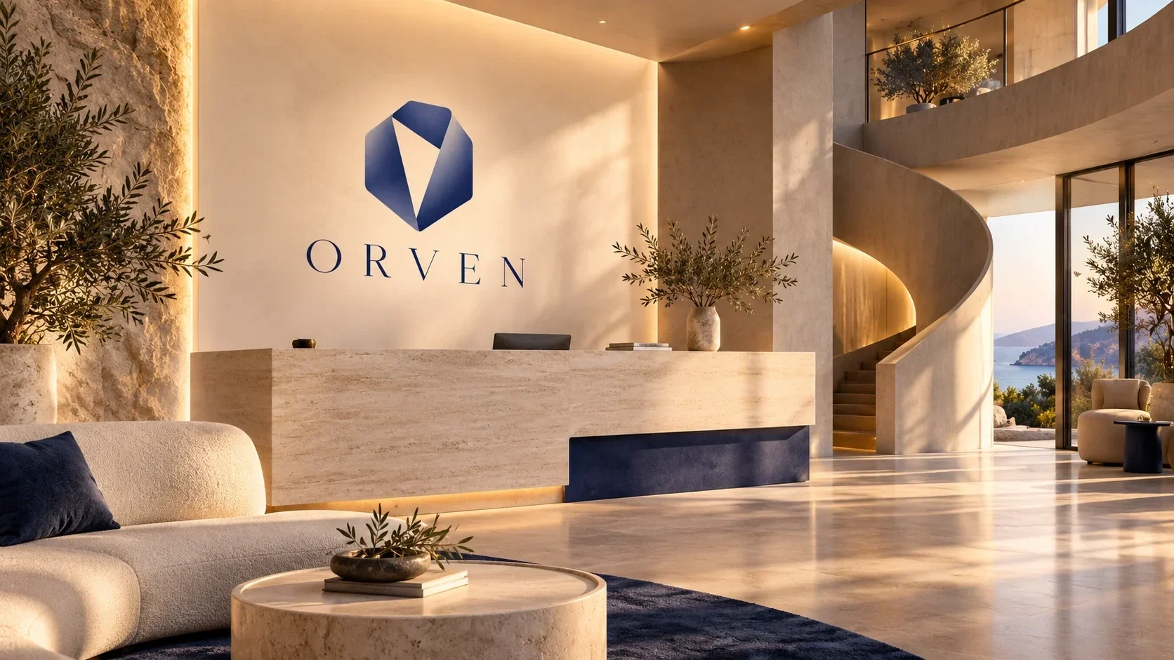 ORVEN monogram behind a stone reception desk