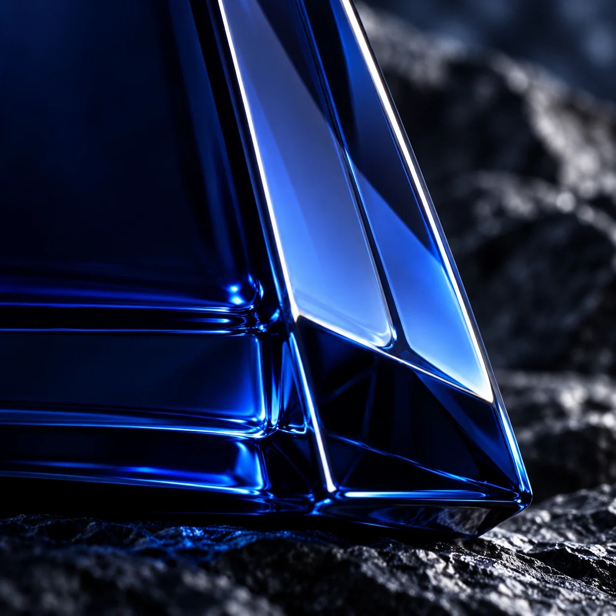Close view of reflective blue facets at the base of the VÁLDERN bottle.