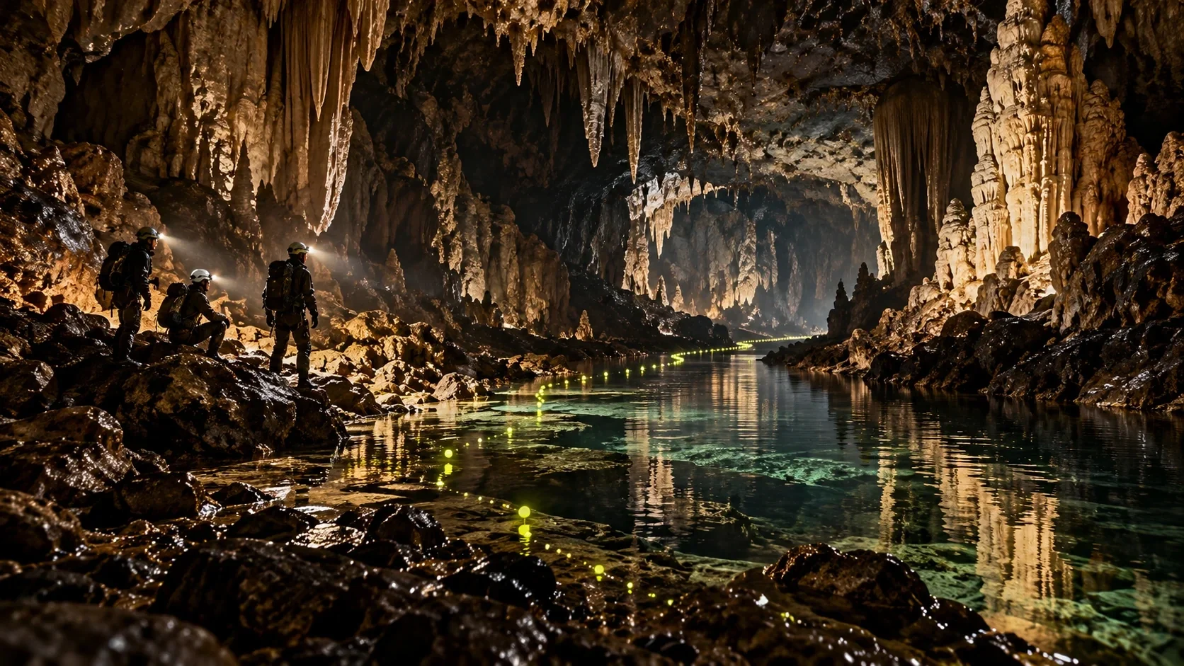 Underground cave stream with a luminous Noctara path along its edge