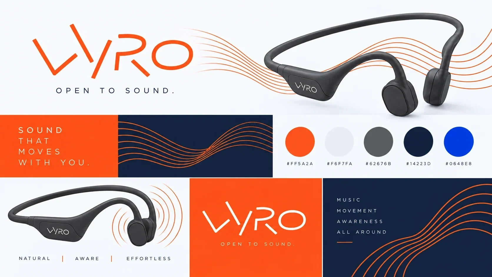 Vyro identity overview with product, colors, wordmark and sound graphics