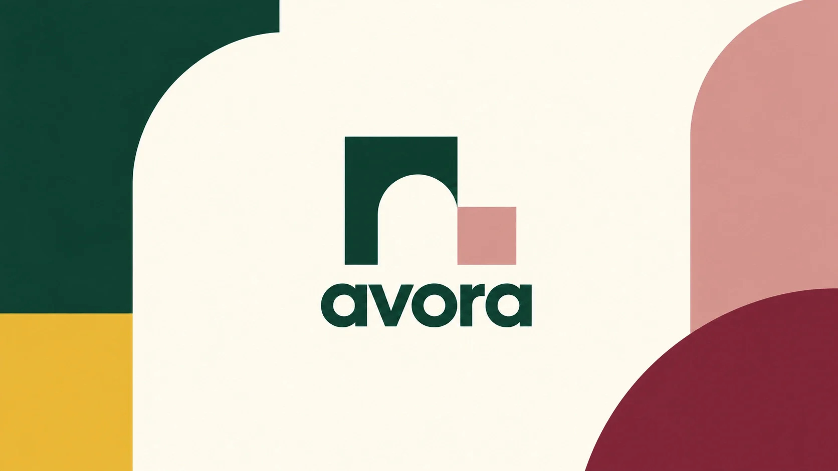 Avora green arch and pink square symbol above its lowercase wordmark, framed by coloured curves.