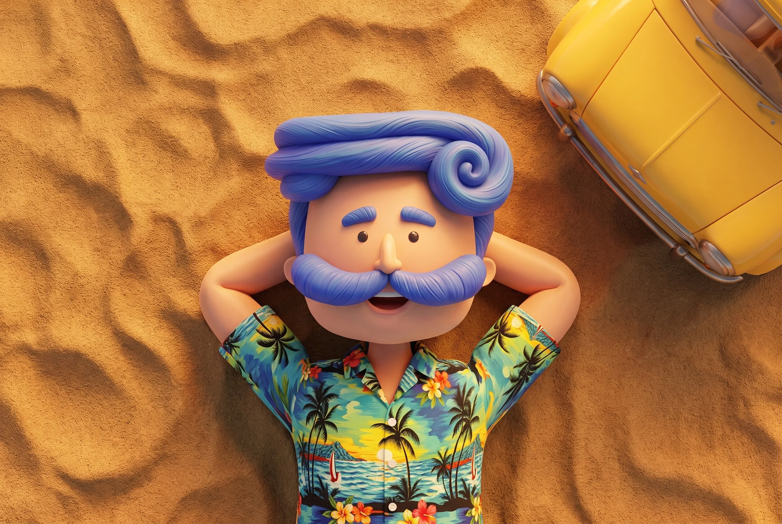Overhead Azki key visual: the relaxed mascot on sand with a yellow car in the upper corner.