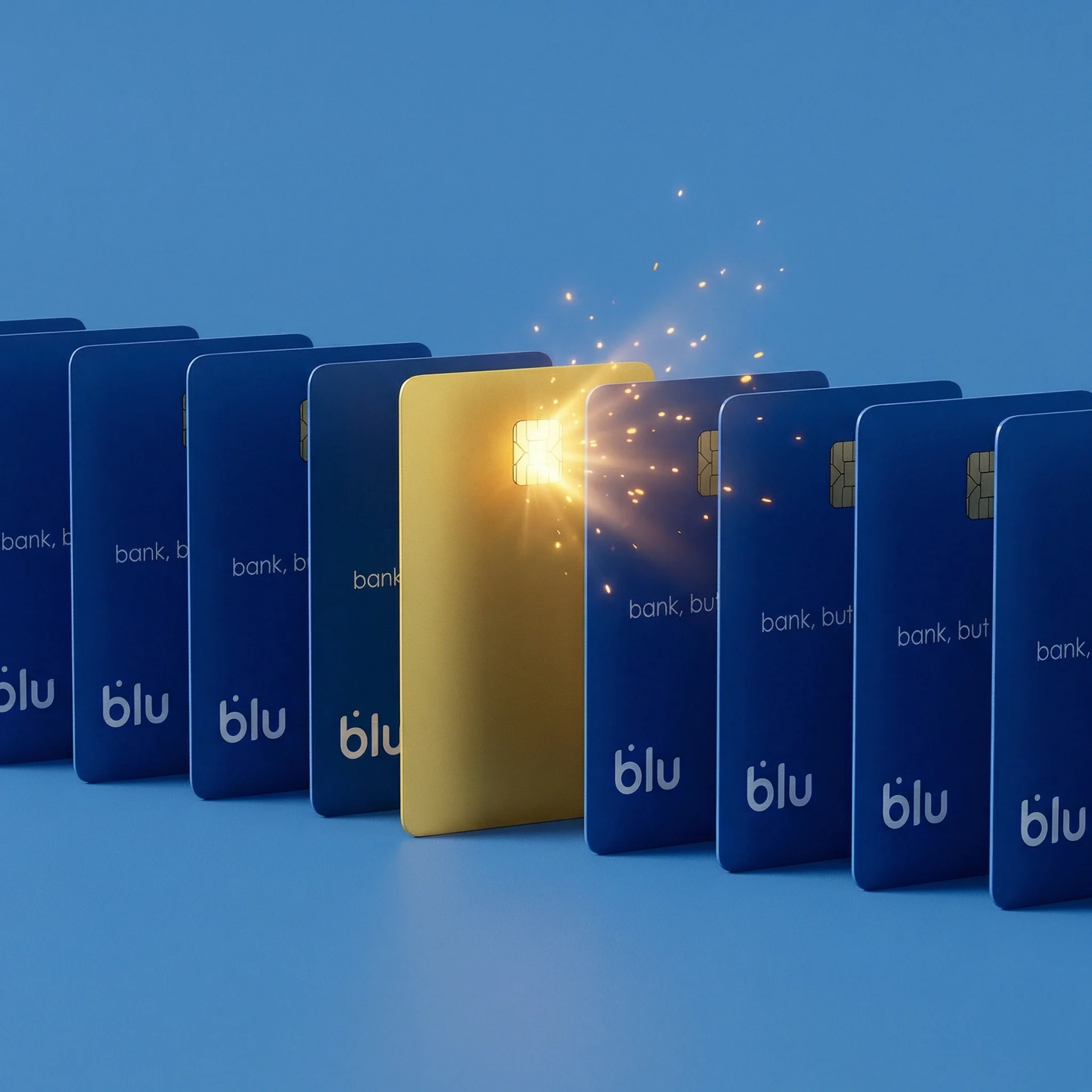 Gold bank card among a row of blue cards, with a luminous chip.