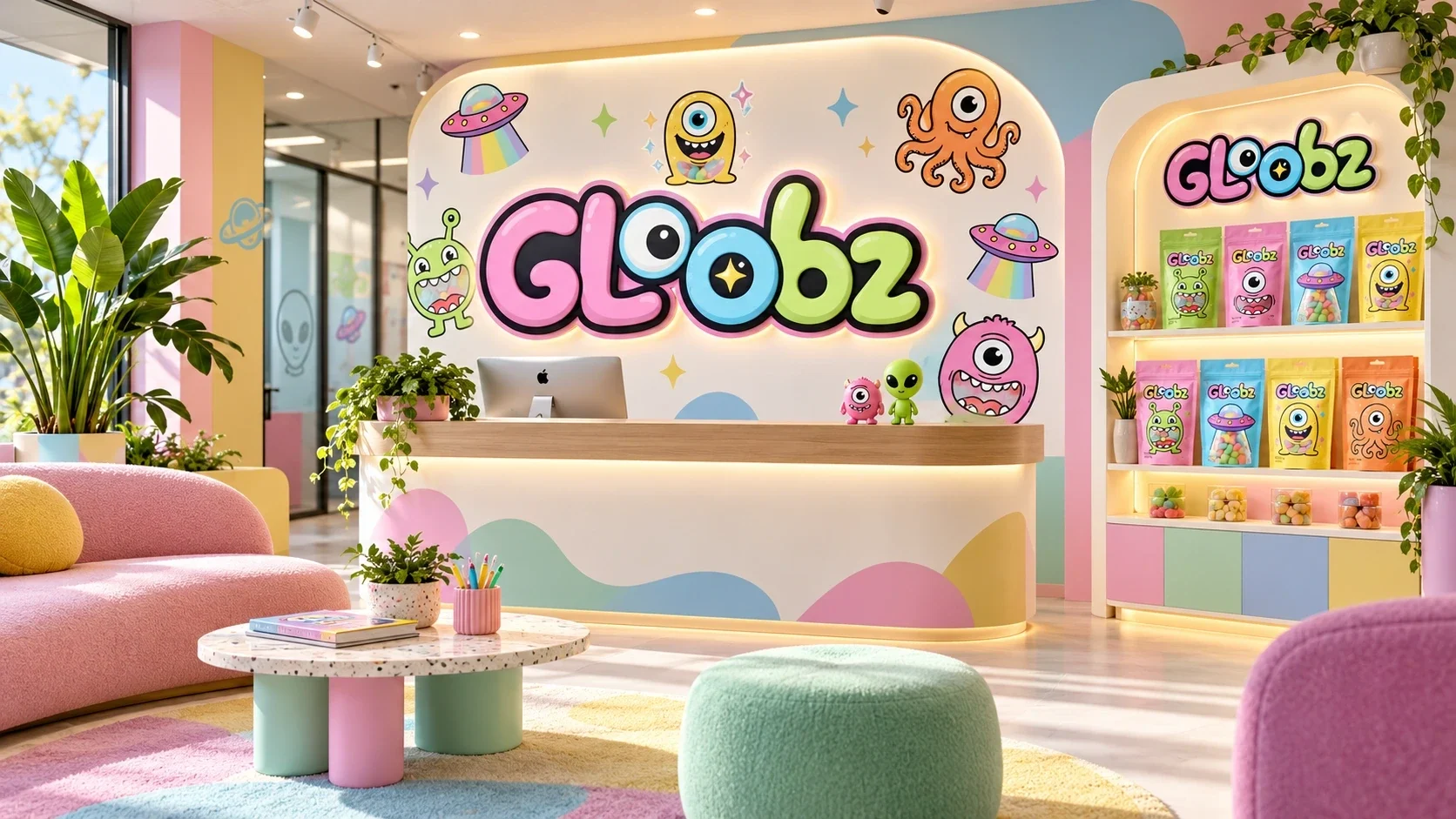 Pastel Gloobz retail interior with wordmark and product wall