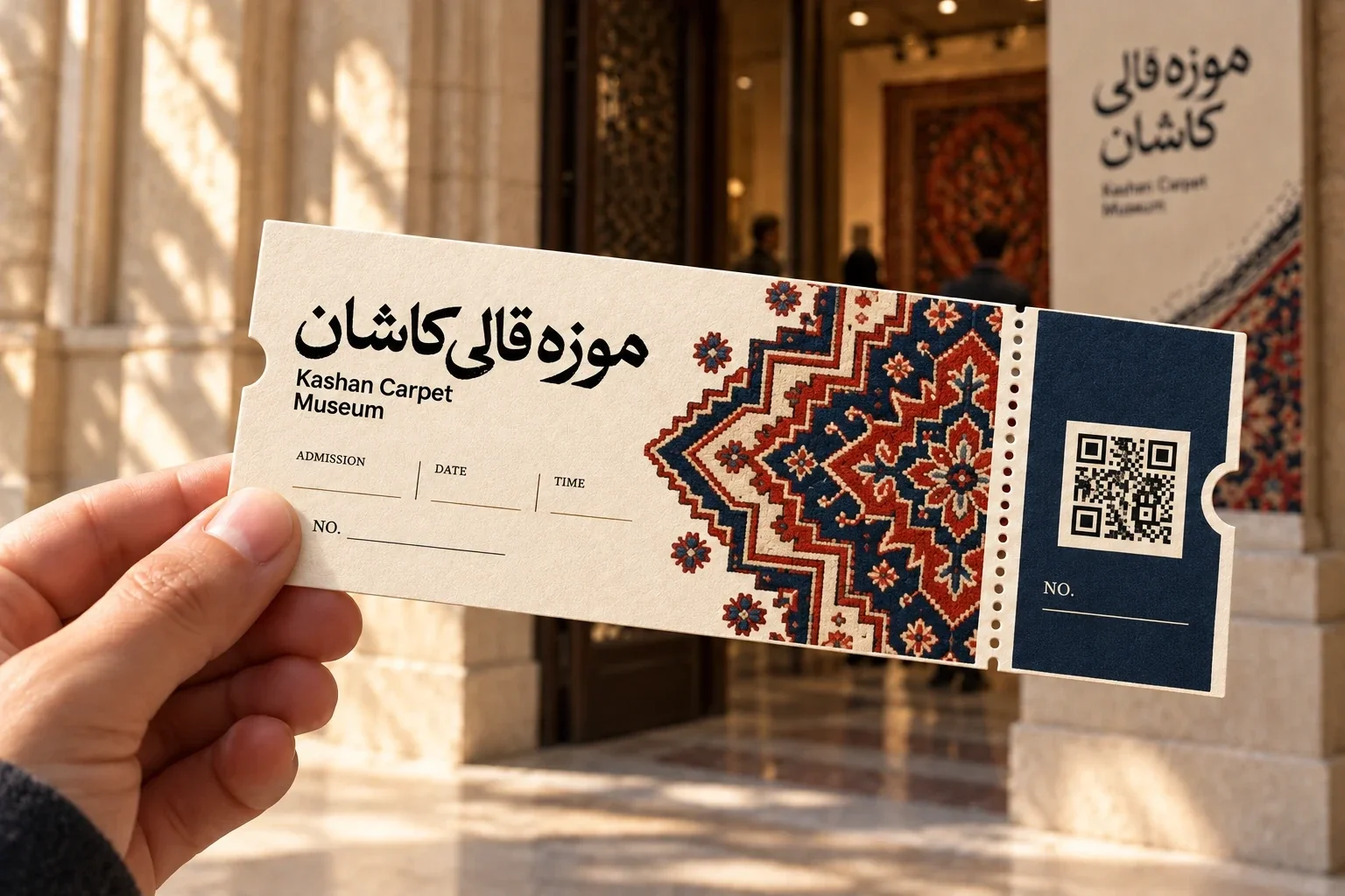 Museum admission ticket with patterned border and QR code
