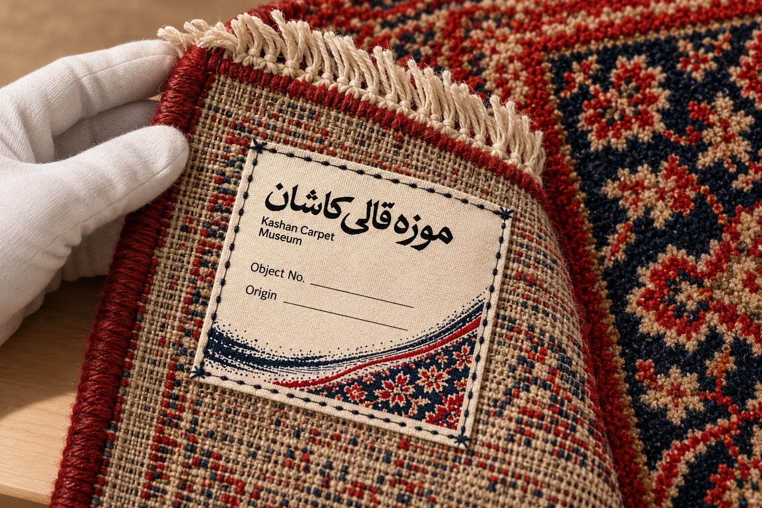 Provenance label for a Kashan carpet with the museum thread motif